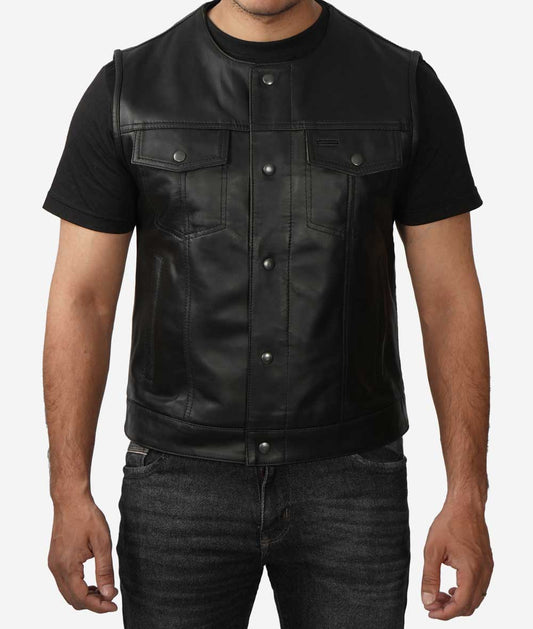 Bernard Men's Button Closure Black Leather Vest