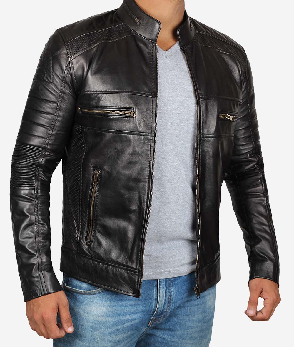 Austin Men's Black Cafe Racer Leather Jacket