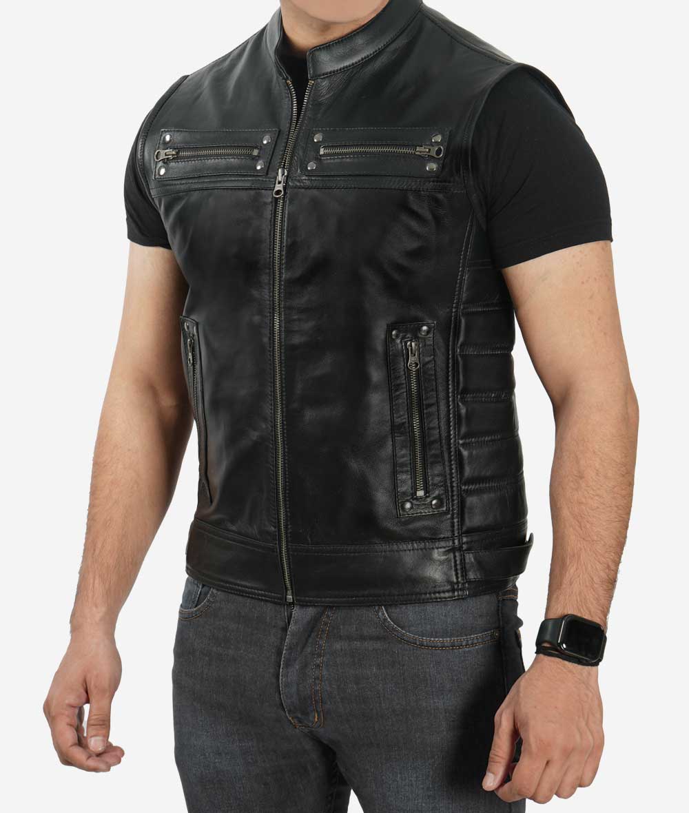 Aubrey Real Mens Black Leather Biker Vest