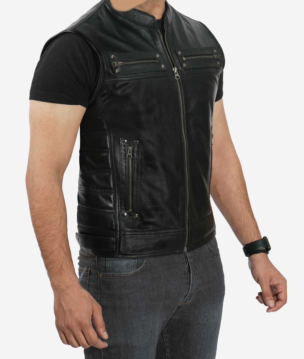 Aubrey Real Mens Black Leather Biker Vest