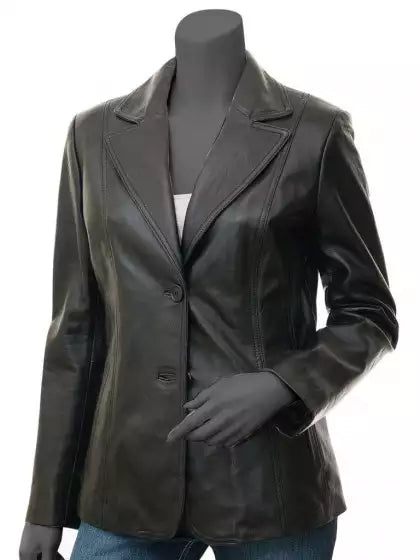 Womens Wide Lapel Two Button Black Premium Leather Blazer Coat