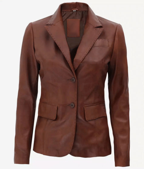Womens Premium Two Button Brown Leather Blazer