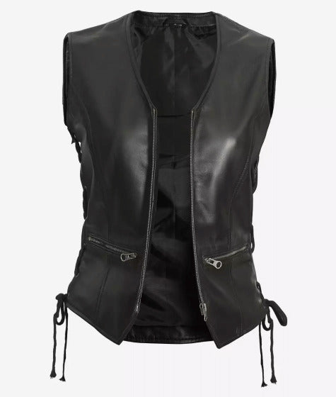 Women's Black Leather Biker Vest - High-Quality Real Lambskin