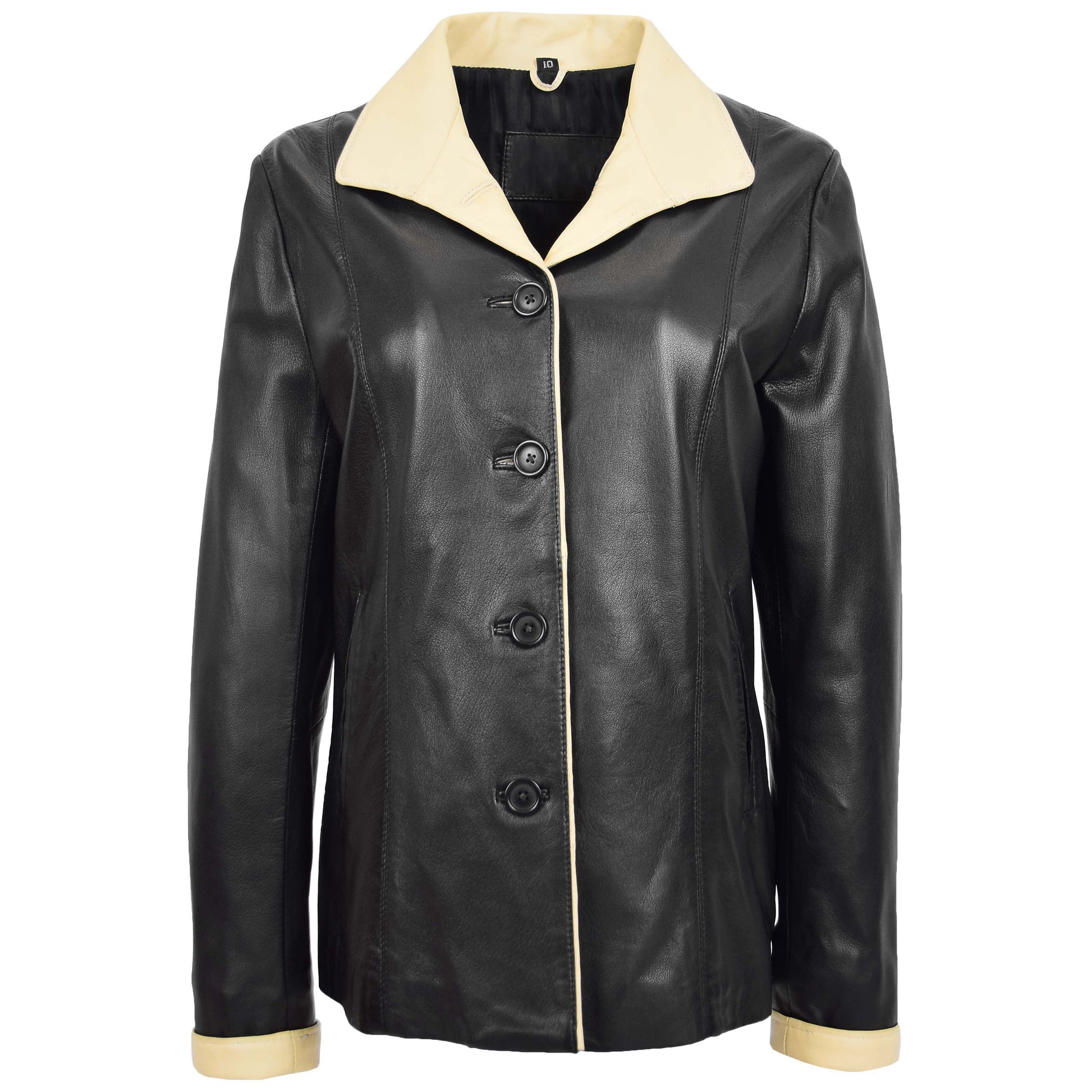 Womens Leather Classic Button Box Jacket Amber Black Beige