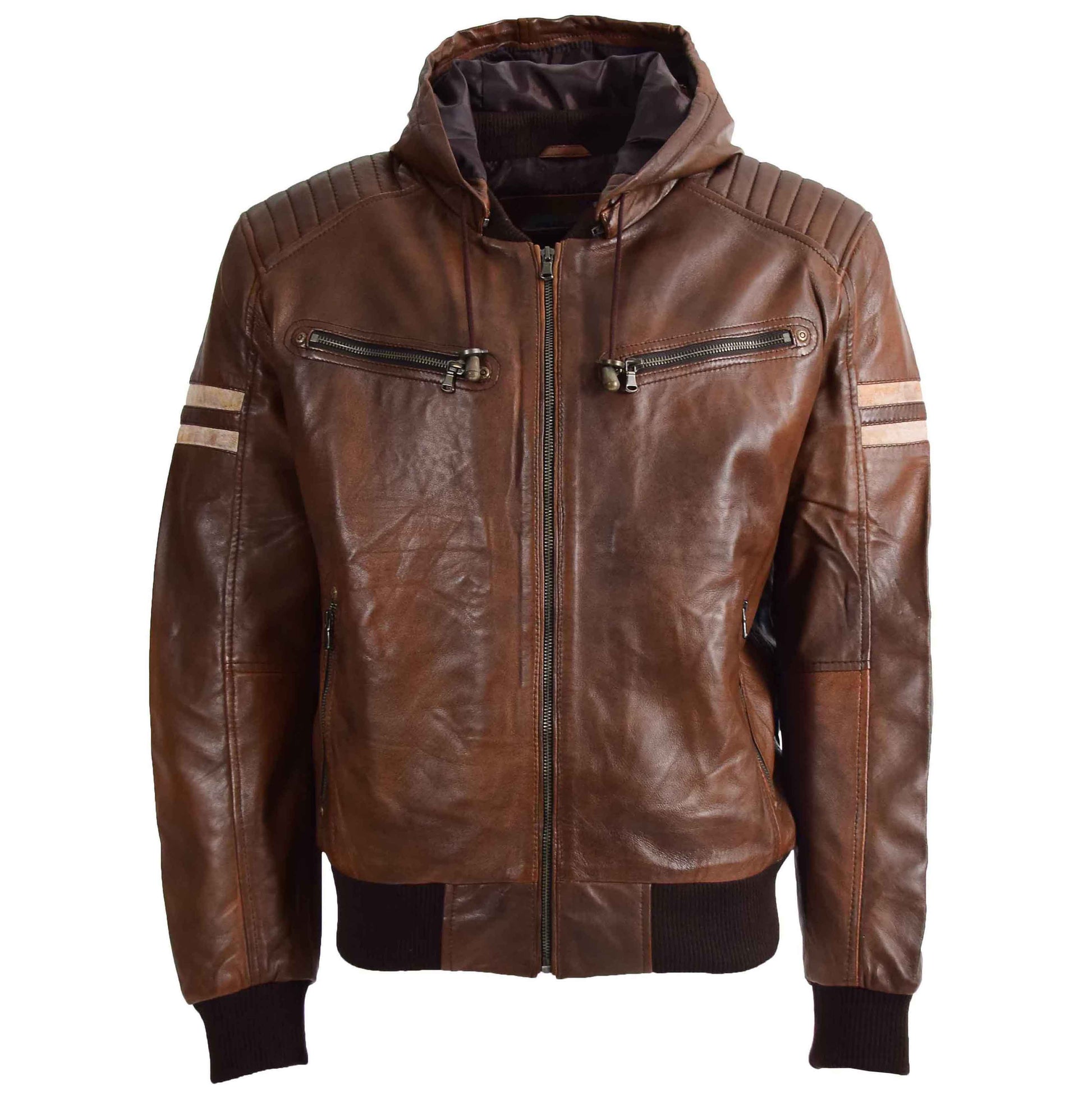 Mens Real Leather Bomber Zip up Detachable Hoodie Jacket Dallas Cognac