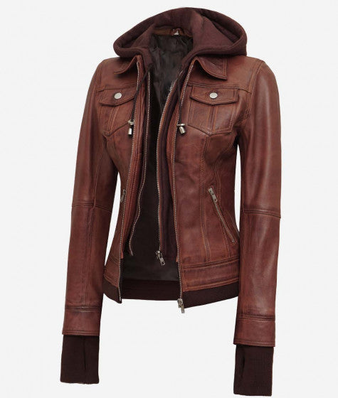 Women's Dark Brown Bomber Leather Jacket With Removable Hood
