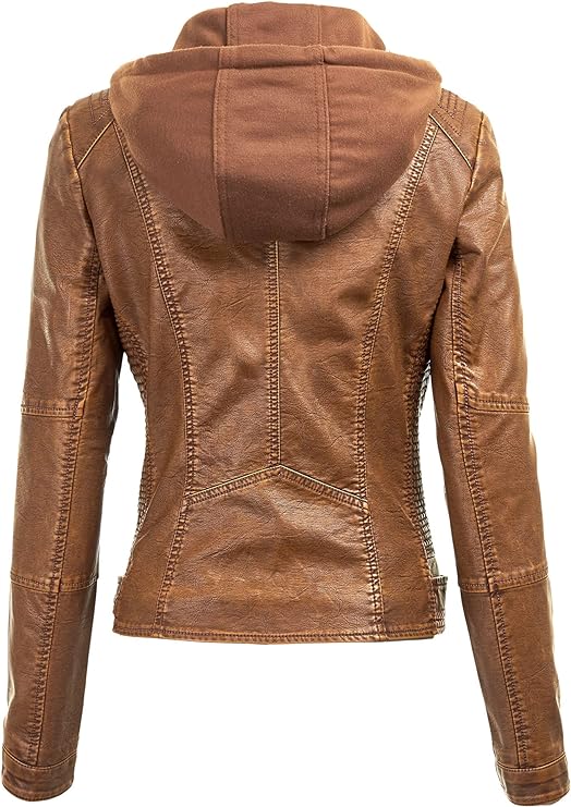 Lock and Love Women's Removable Hooded Leather Jacket Moto Biker Coat -  Tan