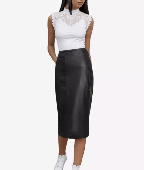 Rosa Black Midi Leather Skirt for Women with Polyester Lining