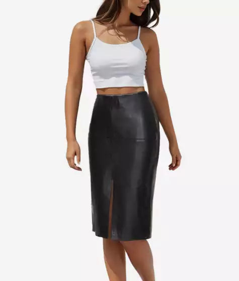 Renee Womens Black Knee Length Leather Pencil Skirt