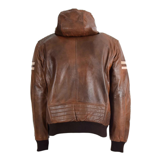 Mens Real Leather Bomber Zip up Detachable Hoodie Jacket Dallas Cognac