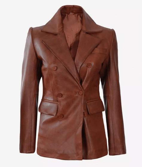 Double Breasted Premium Cognac Leather Coat for Womens - 3/4 Length Car Coat