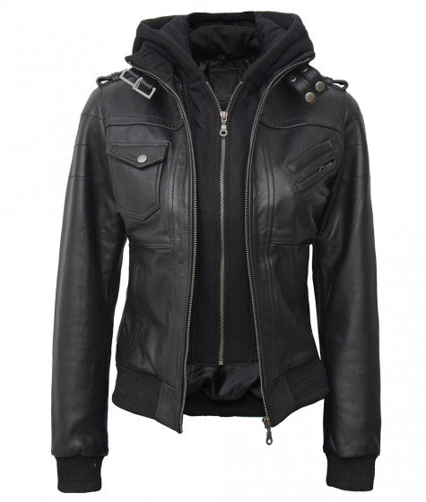 Women's Black Leather Bomber Jacket with Removable Hoodie