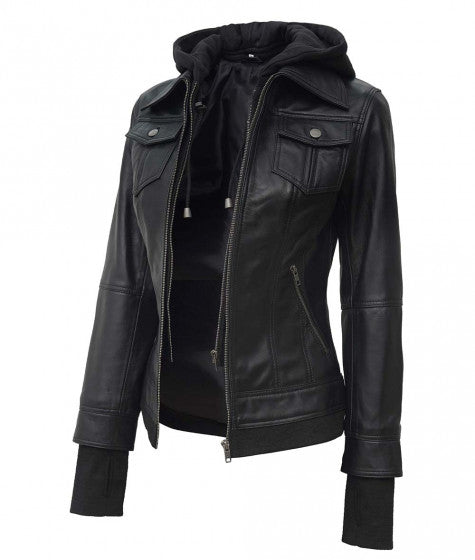 Black Bomber Jacket With Removable Hood
