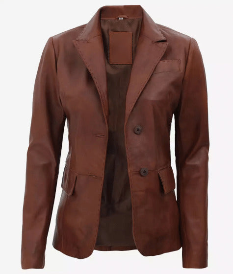 Womens Premium Two Button Brown Leather Blazer