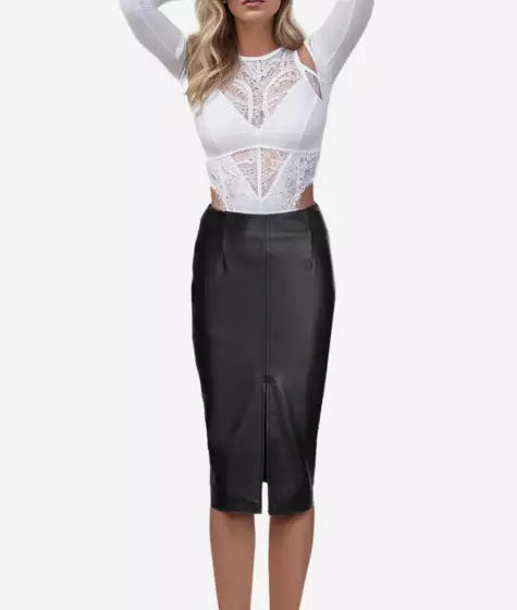 Deena Black High-Waisted Real Leather Pencil Skirt for Women