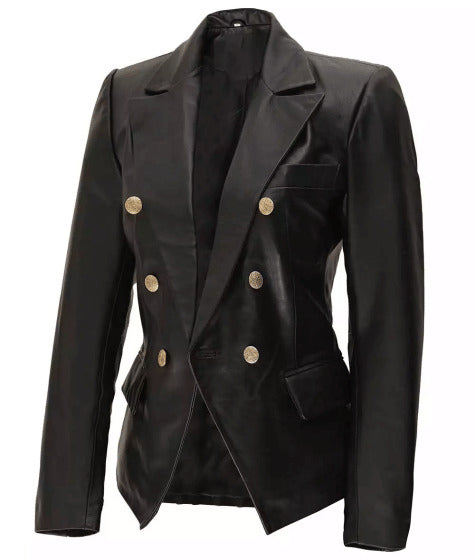 Double Breasted Black Leather Blazer Women