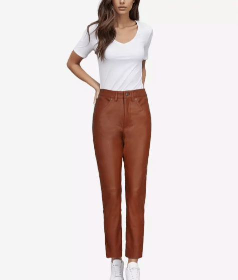 Straight Leg Brown Leather Pants for Women - Finest Real Leather Pants