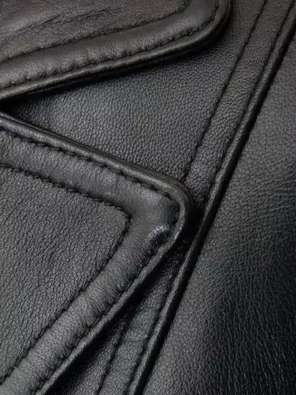 Womens Wide Lapel Two Button Black Premium Leather Blazer Coat
