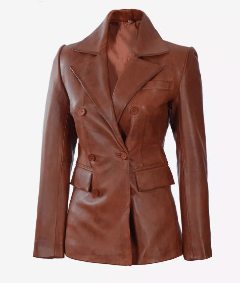Double Breasted Premium Cognac Leather Coat for Womens - 3/4 Length Car Coat