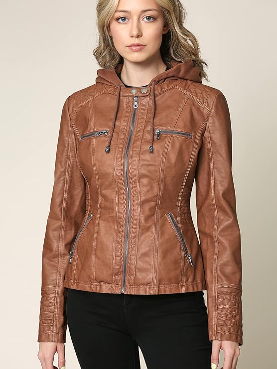 Lock and Love Women's Removable Hooded Leather Jacket Moto Biker Coat -  Brown