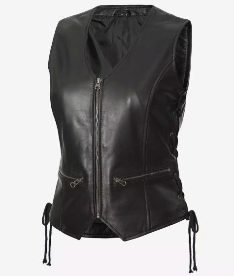 Women's Black Leather Biker Vest - High-Quality Real Lambskin