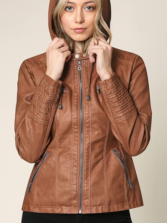 Lock and Love Women's Removable Hooded Leather Jacket Moto Biker Coat -  Brown