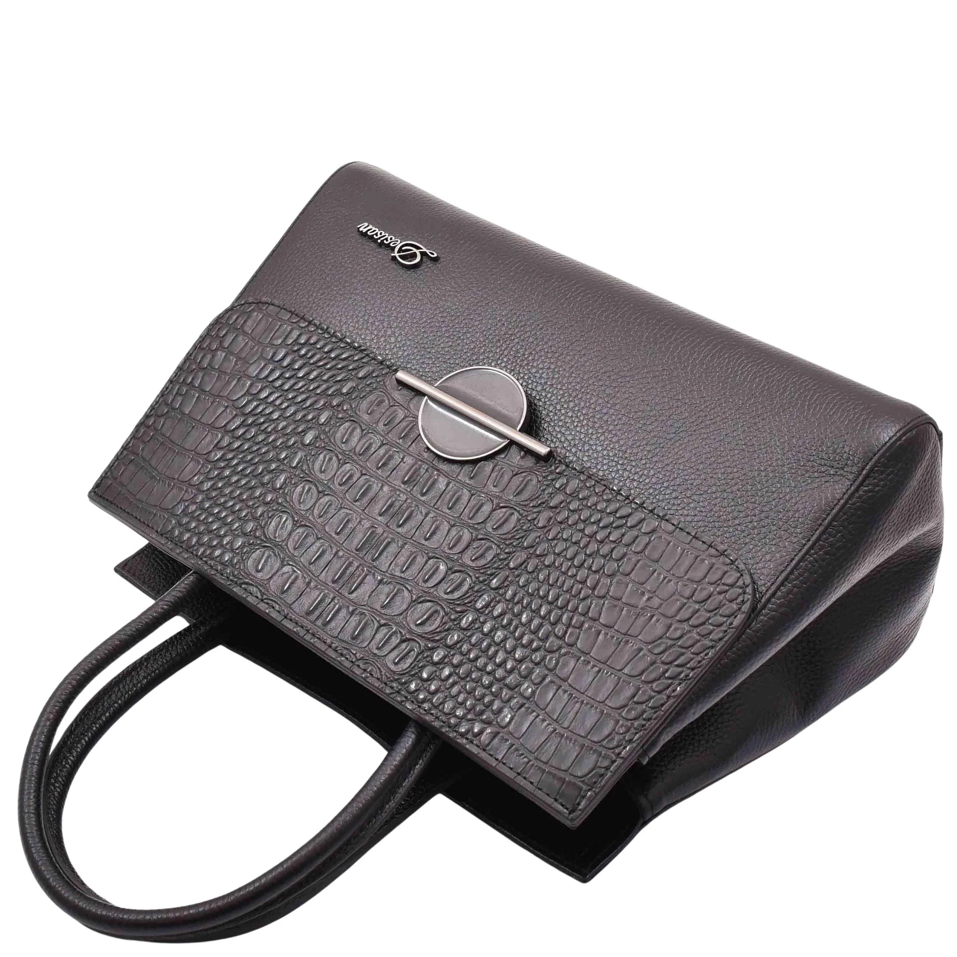 Womens Real Leather Croc Print Handbag Long Strap CAROL Black