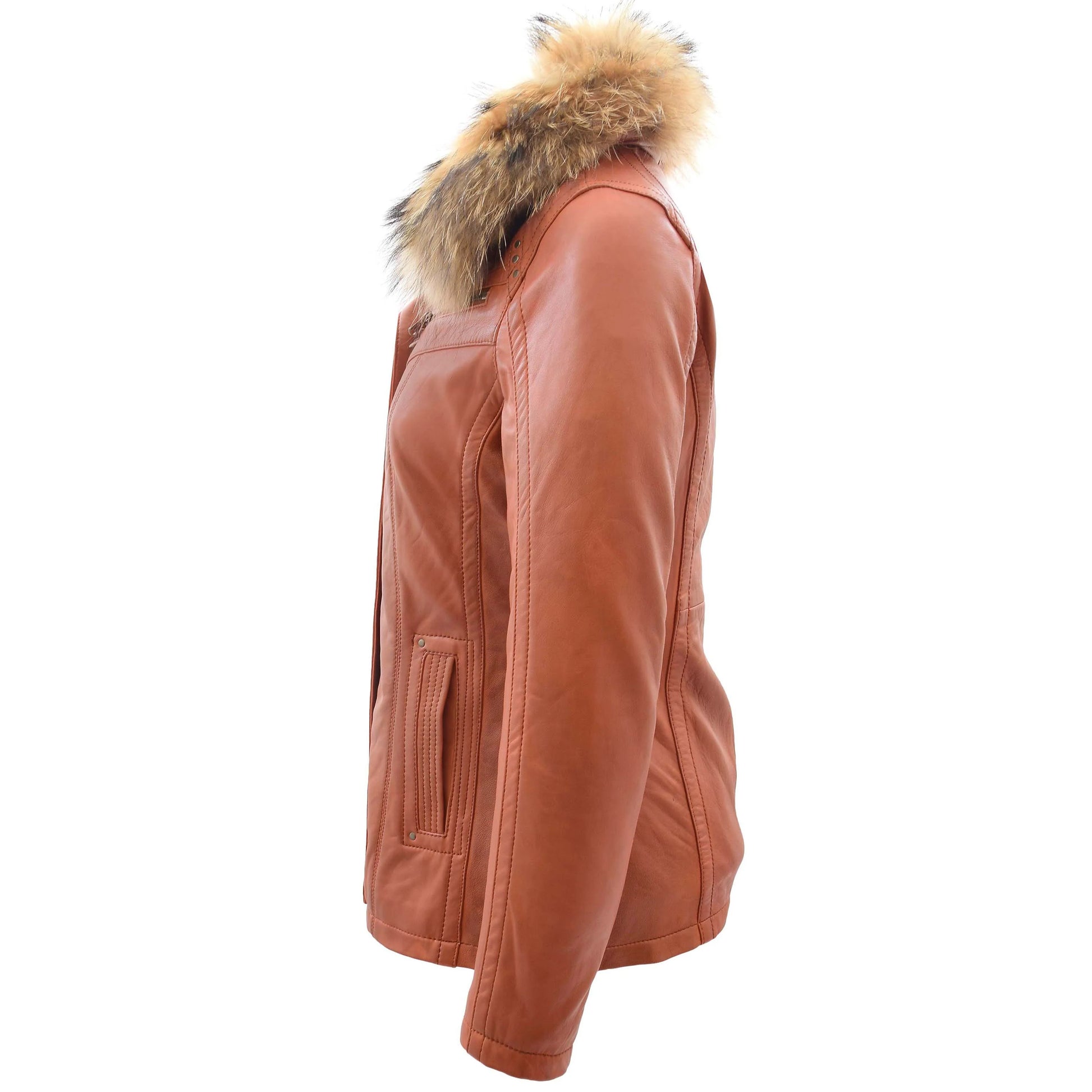 Womens Leather Jacket with Detachable Collar Dalia Cognac