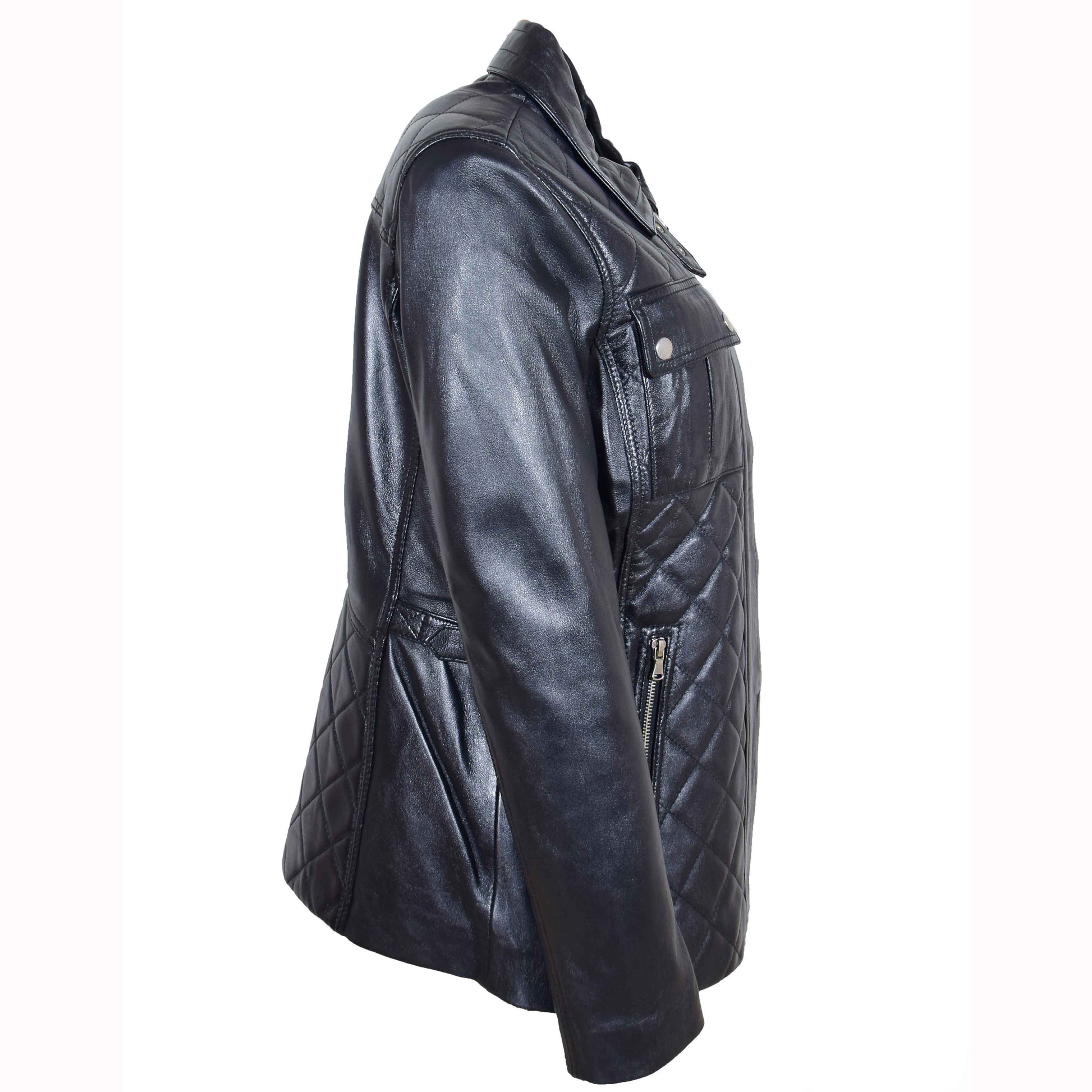 Womens Real Leather Modern Jacket Zip Pockets Quilted ZINA Black
