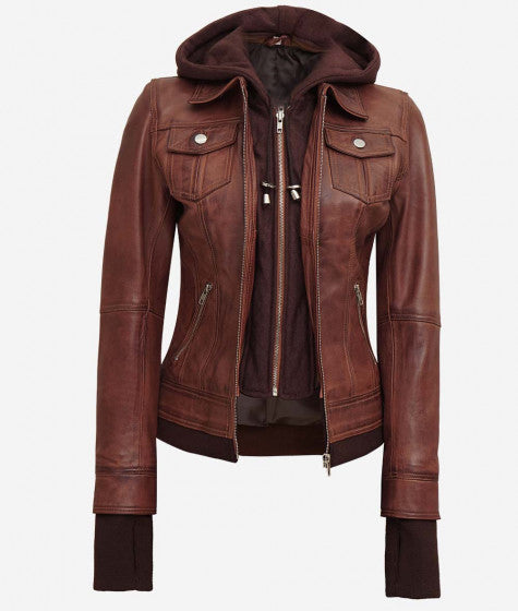 Women's Dark Brown Bomber Leather Jacket With Removable Hood