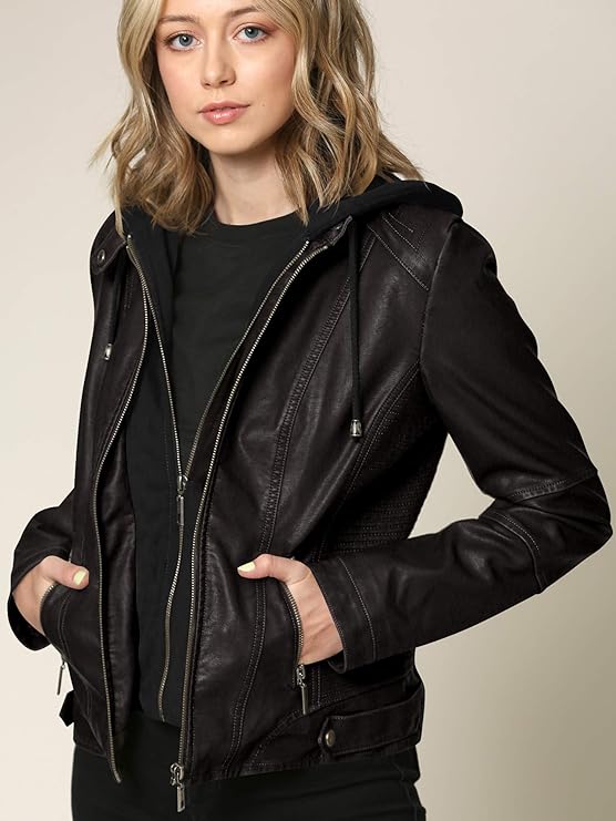 Lock and Love Women's Removable Hooded Leather Jacket Moto Biker Coat -  Black