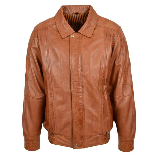 Mens Classic Leather Bomber Jacket Jim Tan