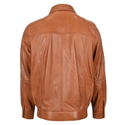 Mens Classic Leather Bomber Jacket Jim Tan