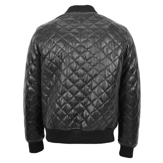 Mens Leather Quilted Bomber Jacket Black