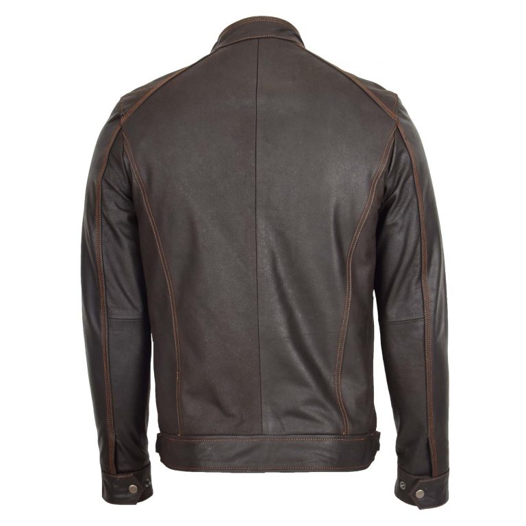Mens Classic Leather Biker Style Zip Jacket Ethan Brown