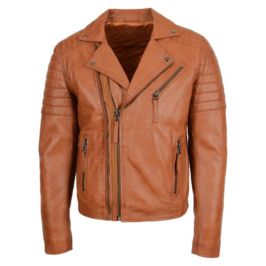 Mens Tan Dual Cross Zip Leather Biker Jacket