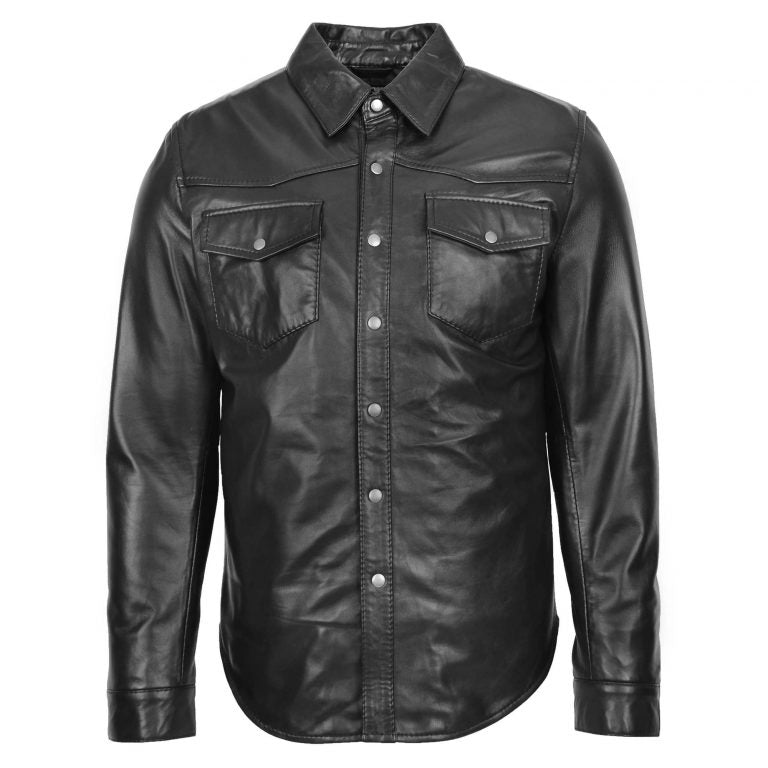 Mens Leather Shirt Classic Trucker Style Oliver Black