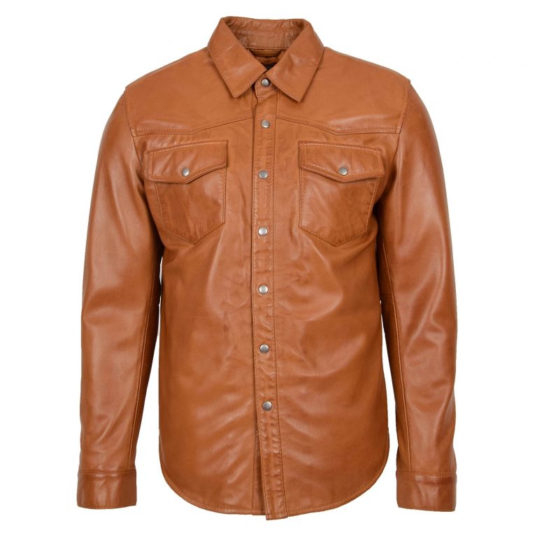 Mens Leather Shirt Classic Trucker Style Oliver Tan