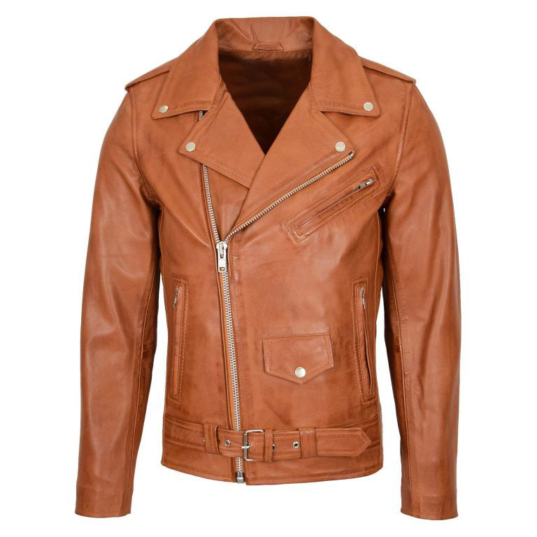 Mens Leather Biker Jacket Brando Style Johnny Tan