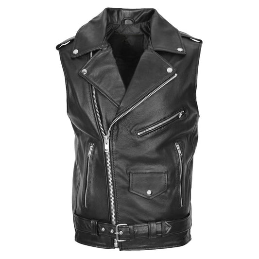 Mens Leather Waistcoat Cross Zip Biker Brando Gilet Jones Black