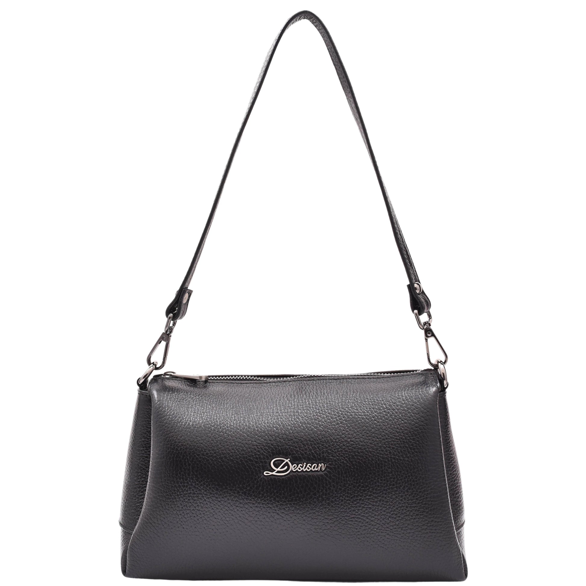 Womens Real Leather Shoulder Zip Bag Small Size Handbag Chelo Black
