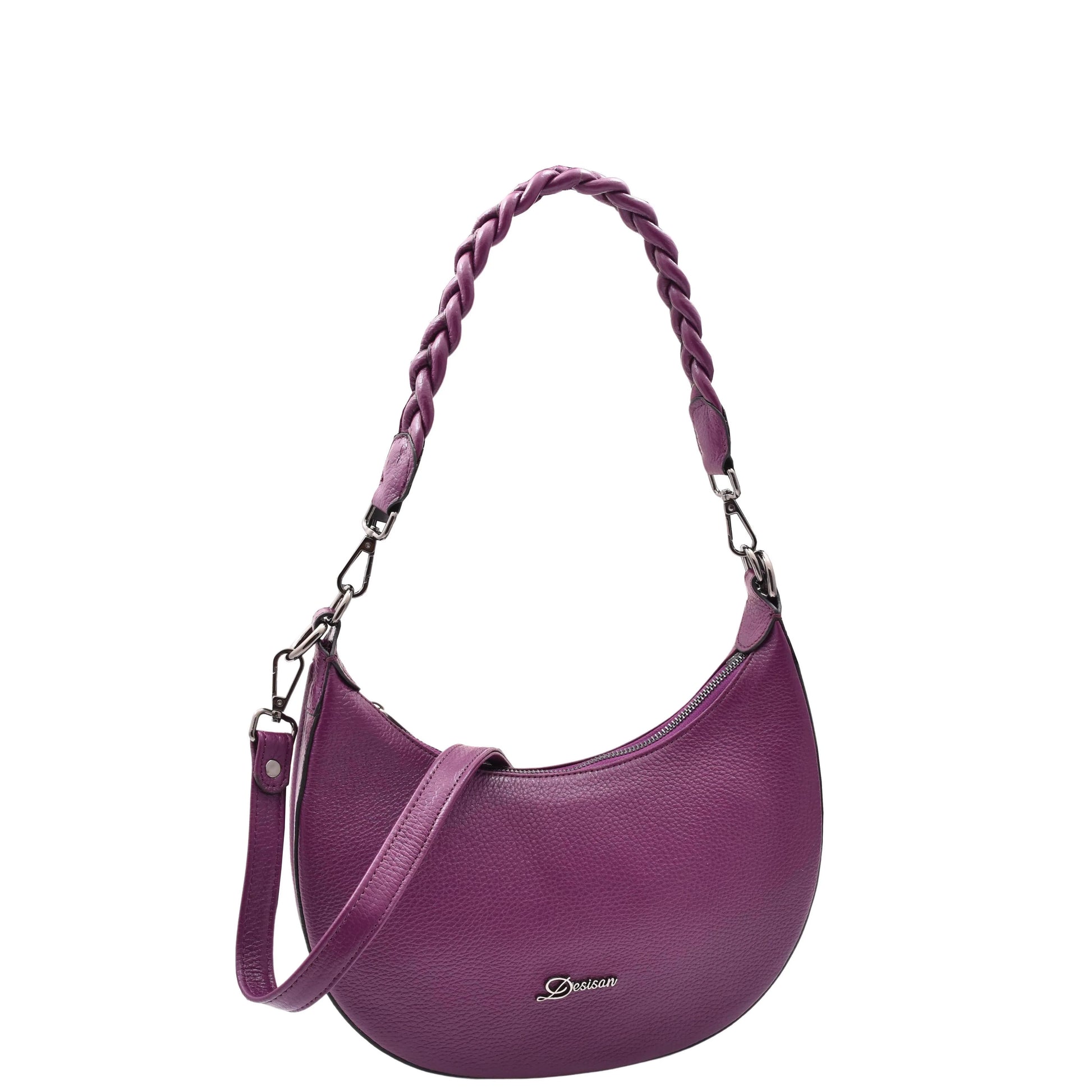 Womens Leather Twist Handle Strap Zip Cross Body Bag SARAH Purple