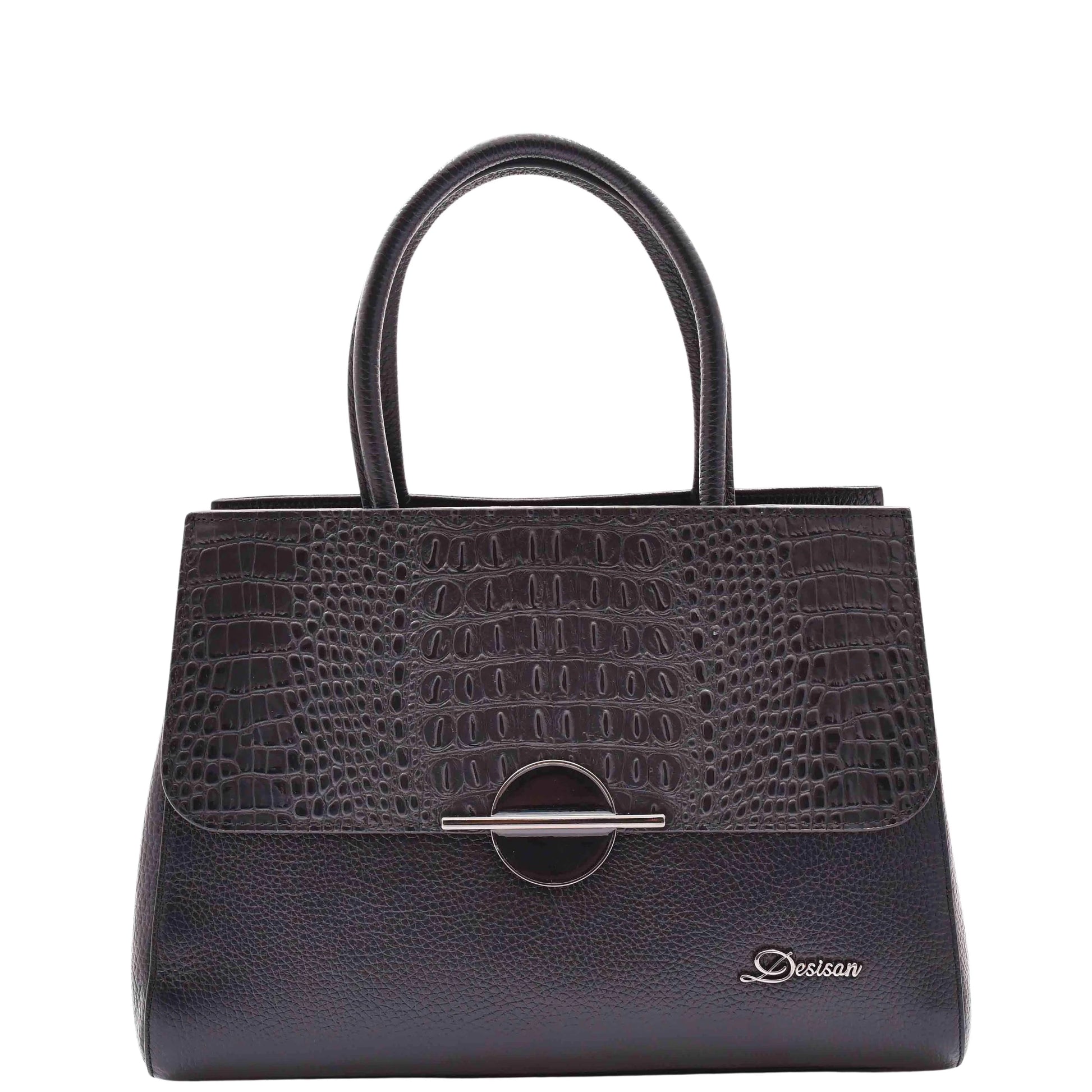 Womens Real Leather Croc Print Handbag Long Strap CAROL Black
