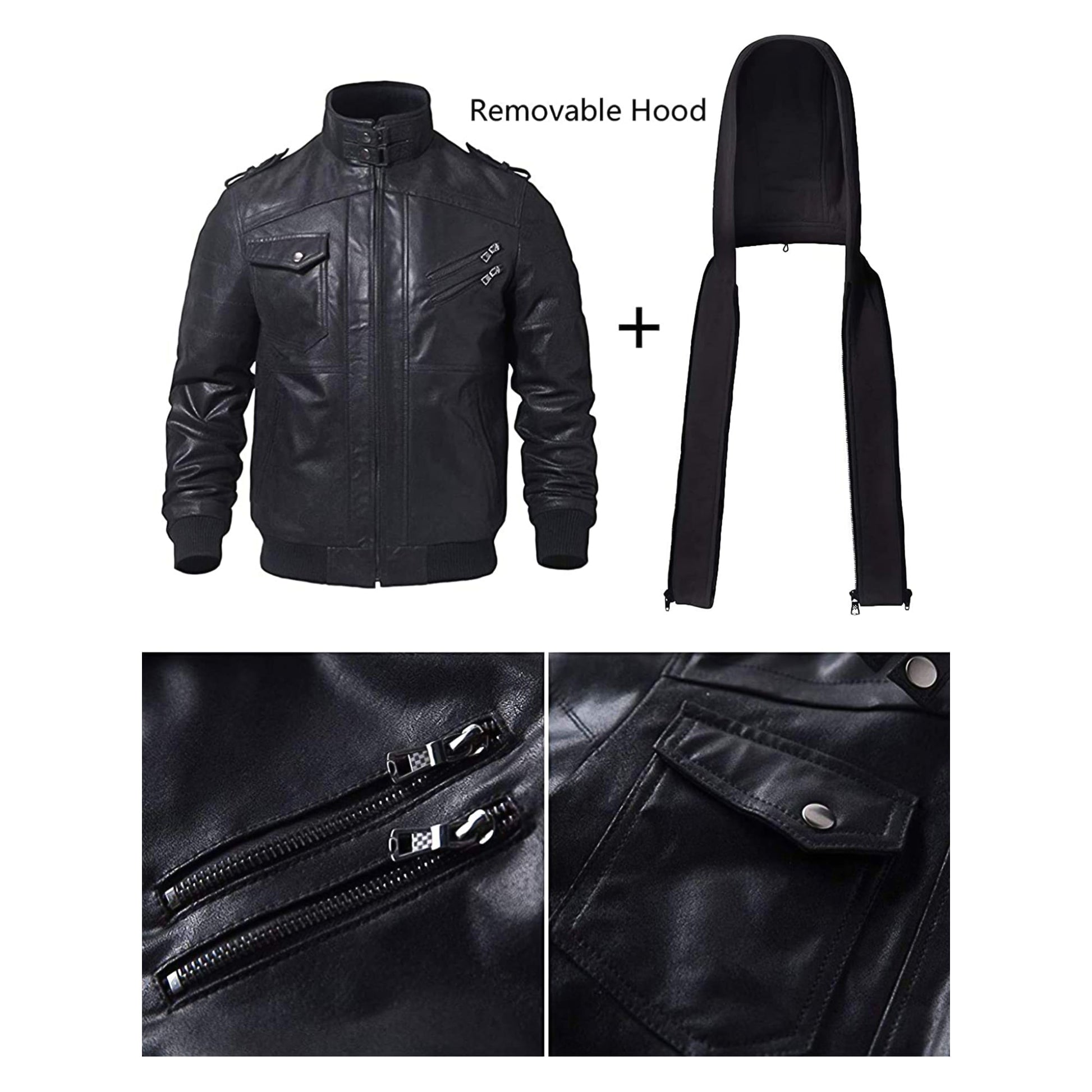 Men’s Real Leather Jacket with Removable Hood