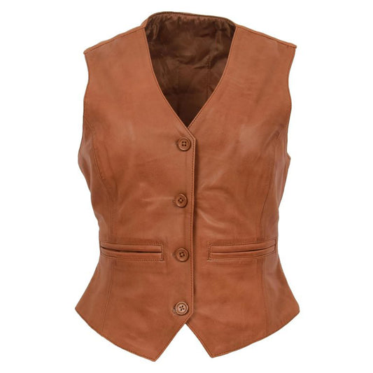 Womens Leather Classic Buttoned Waistcoat Rita Tan