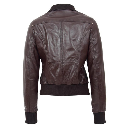 Womens Leather Classic Bomber Jacket Motto Brown