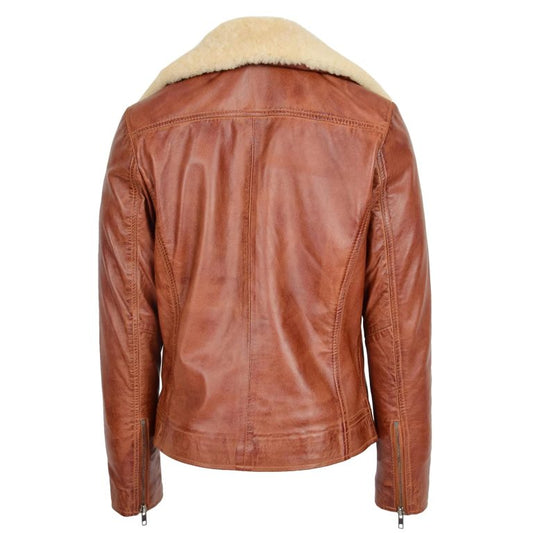 Womens Leather Biker Jacket with Detachable Collar Lauren Chestnut