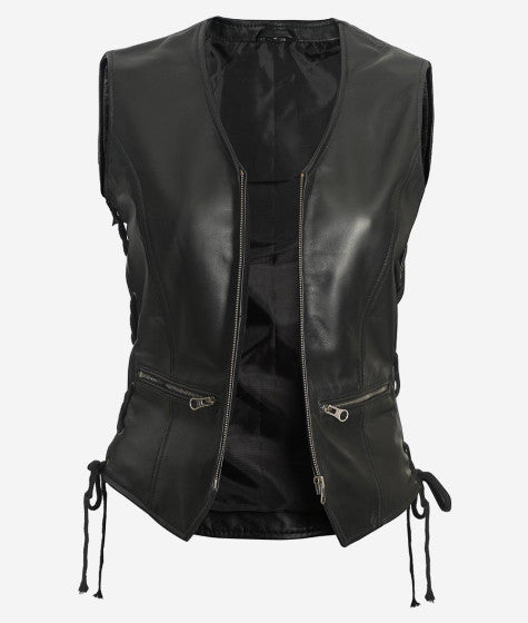 Teresa Black Fitted Style Biker Leather Vest for Women
