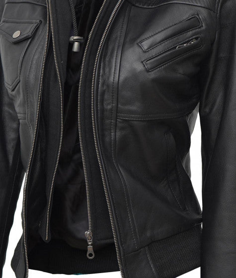Women's Black Leather Bomber Jacket with Removable Hoodie