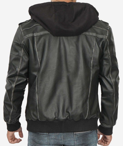 Men's Grey Leather Bomber Jacket With Removable Hood